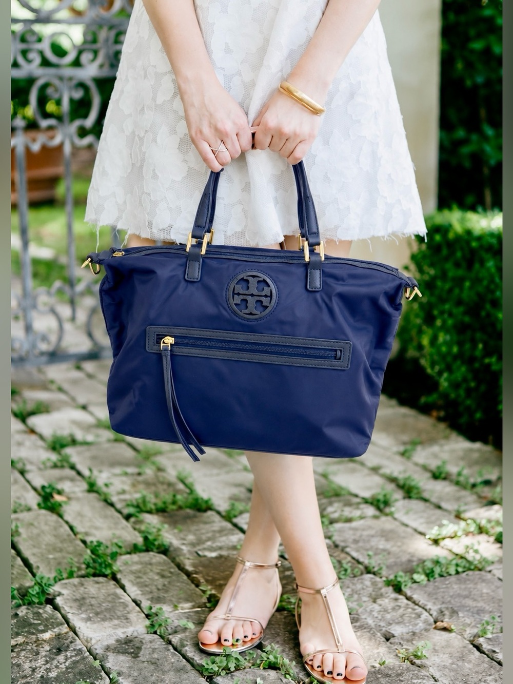 Tory Burch 2 Way Travel Navy Nylon Ella Logo Tote Duffel Bag